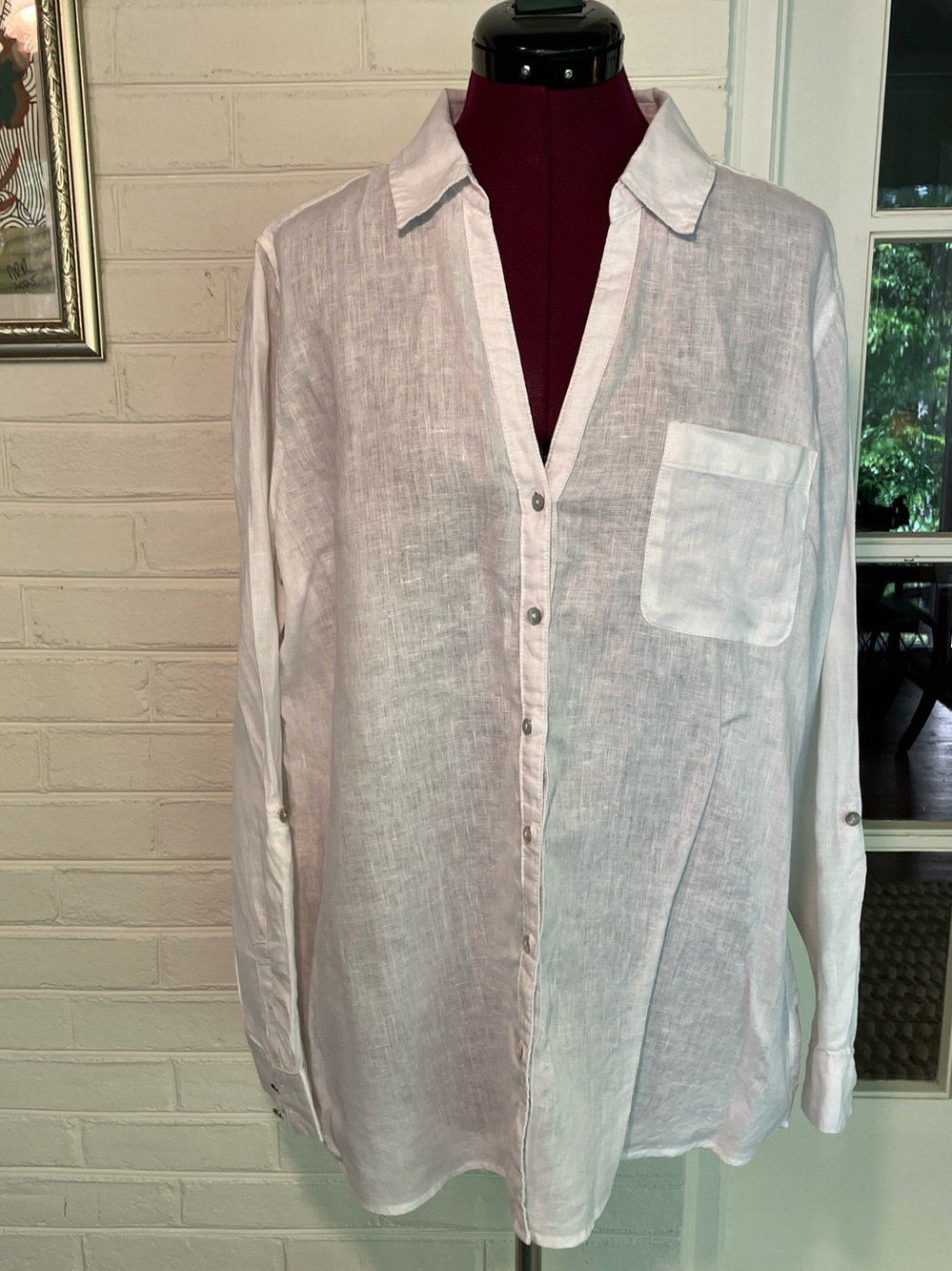 Sigrid Olsen White 100% Linen V-Neck Button Up Shirt Roll Tab Sleeves Size L
